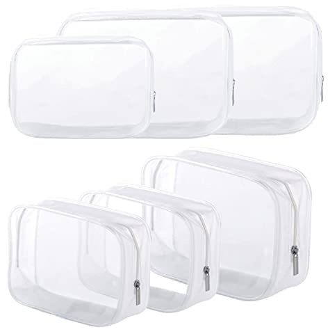 6 Pack Clear Toiletry Carry Pouch with Zipper Portable Plastic Waterproof Cosmetic Bag TSA Approved for Vacation Travel Bathroom and Organizing (White, Small and Large)