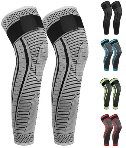 Ruilala Kniebandage Lang 2 Stück Kniestütze Kompression Atmungsaktiv für Männer Damen Lang Knieschützer Einstellbar für Laufen, Sport, ACL, Arthritis, Meniskus (Grau, M)