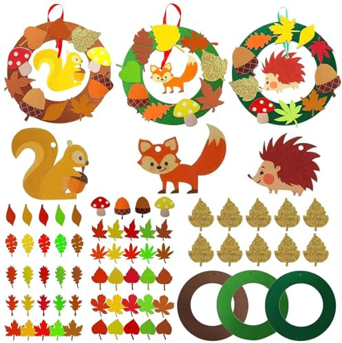 131 Stücke Herbst Basteln Kinder Set, Filz Herbst Basteln mit Kindern, Thanksgiving Creative Kränze Bastelset für Deko, mit Igel, Eichhörnchen, Fuchsmuster, für Kinder ab 3 4 5 6 7 8 9 10 Jahre