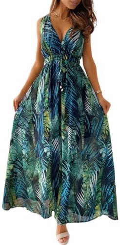 Yutdeng Abito Estivo Donna da Spiaggia Vestito Lungo Vestiti Estivi Casual Curvy Eleganti Scollo a V Senza Maniche Vestito Boho Fiore Stampato Maxi Lunga Sexy da Cerimonia,Verde,M