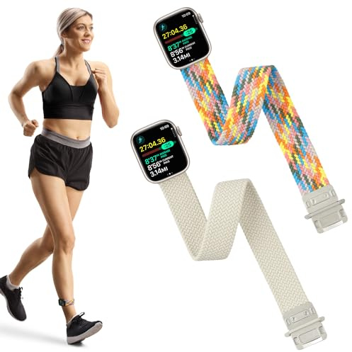 Ankle Stretchy Loop Band Compatible with Apple Watch 49mm 45mm 44mm 42mm 41mm 40mm 38mm for Women and men, Adjustable Magnetic Braided Armband for iWatch Ultra SE Series 9/8/7/6/5/4/3/2/1 (41mm/40mm/38mm, Beige+Colorful)