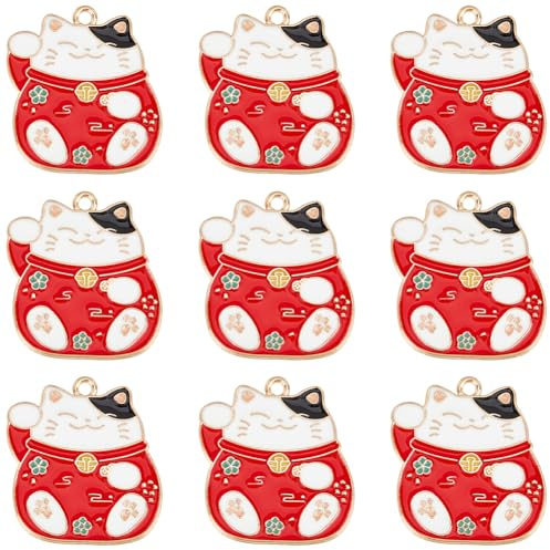 SUNNYCLUE 20 pezzi Ciondoli Gatto Portafortuna Maneki Neko Smalto Felice Che Saluta Buona Fortuna Ciondoli Animali per Creazione di Gioielli