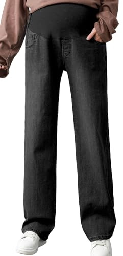 FEOYA jeans för gravida vida ben långa byxor bekväma stretch mammabyxor över magen casual graviditetsbyxor, svart, XL