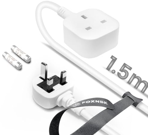 Single Plug Extension Lead 1.5m, 1 Gang Single Socket Extension Lead Surge Protected, 13amp 250V 3kw UK 3 Pin Fused Mains for Tumble Dryer, Rubber, Tough and Fireproof, White