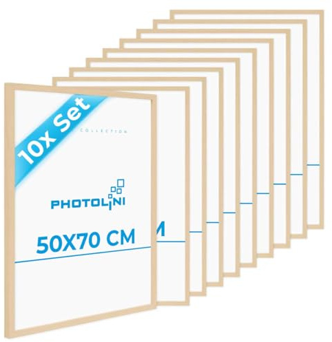 PHOTOLINI Bilderrahmen 50x70 Holz MDF Natur 10er Set, 50x70 cm Bilderrahmen groß, Rahmen 70x50 Puzzle, bruchsicheres Acrylglas, picture frame zum Aufhängen, Fotorahmen für Fotos, Puzzle & Poster