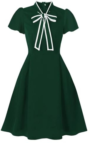 Wellwits Women's Color Block Bow Tie Neck Vintage Work Cocktail Dress Dark Green M