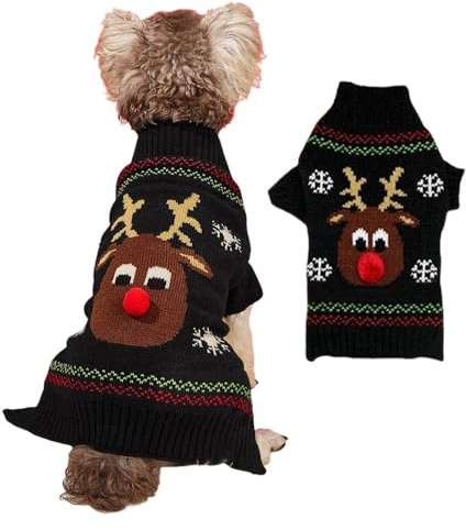 FANSU Hundepullover großer Hunde, Weihnachtstag Hunde Pullover Waschbar Hundepulli, Strick Pullover Hunde Shirt Elastisch Wärme Hunde Pullis Strickpullover für Corgi Dackel (XXS,Schwarz)