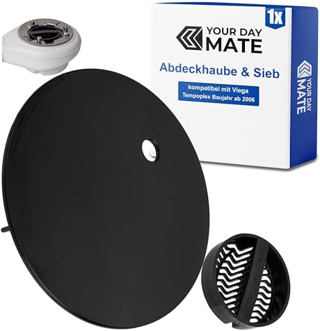 Abdeckhaube Set mit Haarsieb für Duschabfluss, Ø 115 mm, kompatibel mit Viega Tempoplex Ablauf ab Baujahr 2006, schwarzer ABS ASA Deckel und Haarfilter, Kappe Dusche Abfluss, Garnitur Abdeckung Wanne