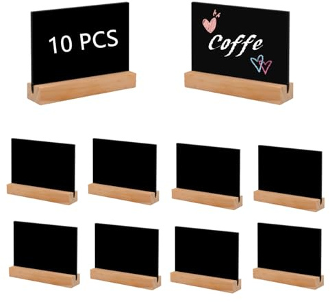 Homeily Mini Chalkboard Signs 10-Pack, Double-Sided Tabletop Display | Solid wood, smooth matte face, wedding buffet craft price party, erasable wipe-clean reversible, slot-in base, 4x3 ten-count