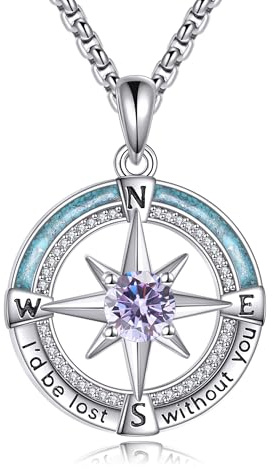 YAFEINI Geburtsstein Kompass Kette Sterling Silber Kompass Halskette Kompass Schmuck für Damen