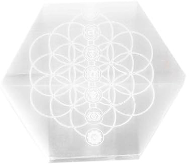 NKlaus Placa de selenita con grabado de chakras – 10 x 9 cm hexágono para la energización y meditación, flor de la vida, purificación energética, piedra altar esotérica 16596