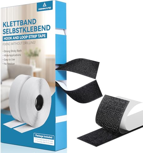 HOMMAND Kardborreband, 30mm × 5m Kardborreband Självhäftande Extra Stark, Dubbelsidig Självhäftande Tejp med Kardborreband, Nylonväv Dubbelsidig Självhäftande Baksida, Kardborreband, Svart