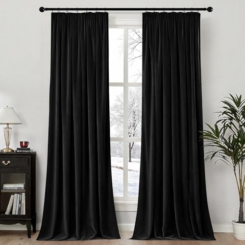 MIULEE Samtvorhang Kräuselband Blickdicht 2er Set Schwarz 140x225cm