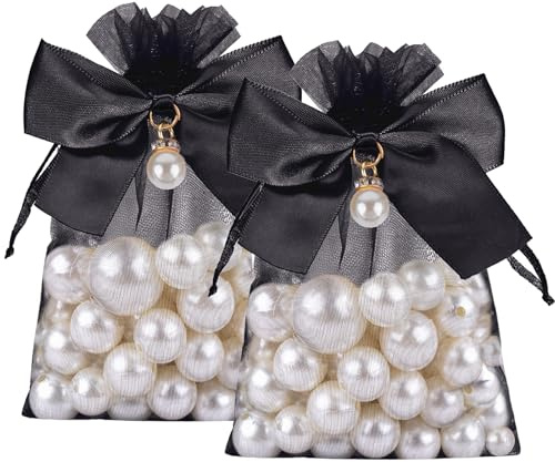 jijAcraft Schwarz Organzasäckchen mit Schleifen Perle: 10 × 12cm Geschenk Organzabeutel 30 Stück Organza Schmuckbeutel mit Kordelzug für Süßigkeiten, Geschenk