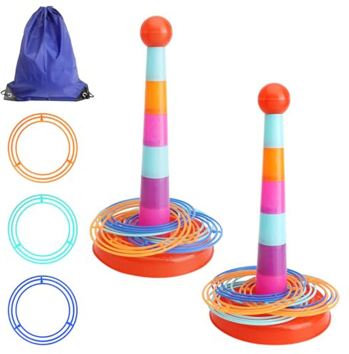DAWRIS Juego de Lanzamiento de Aros 2 Unidades, 36 Aros de Colores y Bolsa de Viaje Juegos Exterior Niños Jardín Ideal para Jardín, Fiestas, Juegos al Aire Libre, Ideal para Interiores y Exteriores