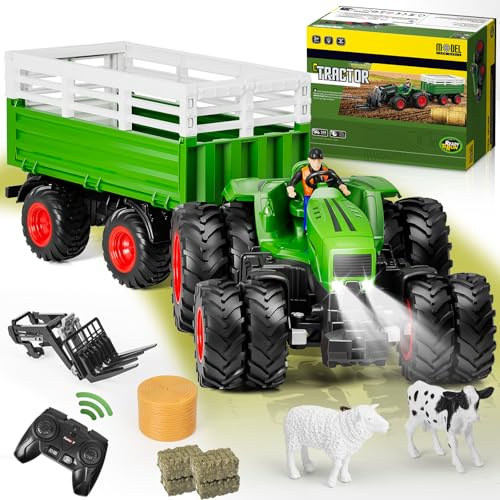 Orvyna RC Trattore Telecomandato Giocattolo, 2.4 GHz Trattore con Telecomando per Bambini, Completo di Forca Sollevatrice, Rimorchio, Luci, Mucca, Pecora e Balla di Fieno, Regalo per Bambini 3-8 Anni