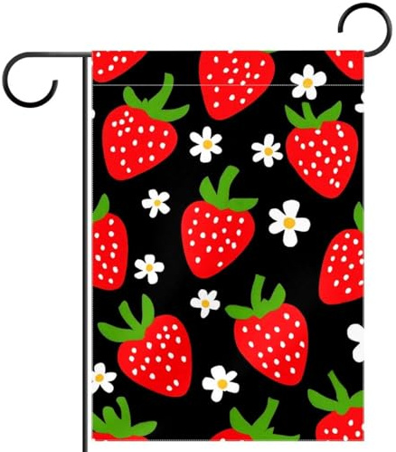 Bandera de jardín negra de fresa de 12 x 18 pulgadas, doble cara exterior, bandera decorativa para patio, decoración de temporada al aire libre
