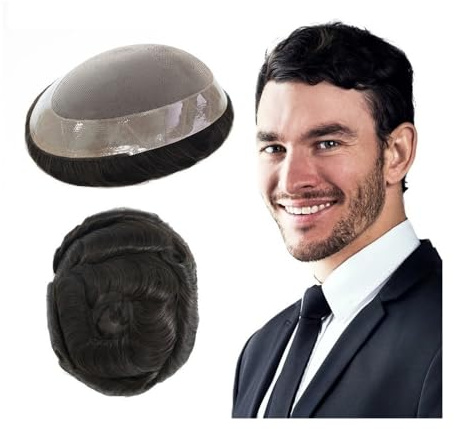 Natürlich aussehendes Toupet für Männer, Herren-Toupet mit französischer Spitzenfront – strapazierfähiges Mono, 2,5 cm Poly-Beschichtung, Nr. 1B, 130% Dichte Echthaar,Sofortige Abdeckung für dünner