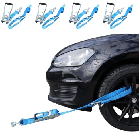 4 Stück Zurrgurt | 2-teilig | Radsicherung mit Schlaufe | 50 mm | Spanngurt Reifengurt Autotransport PKW