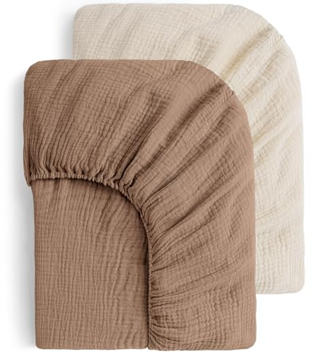 Yoofoss 2er Set Bettlaken 70x140 cm Kinderbett Kinder Spannbettlaken Kinderwagen Musselin-Baumwolle Reisebett Spannlaken Beistellbett Leintücher für Babybett und Kinderbet(Beige Hellbraun)