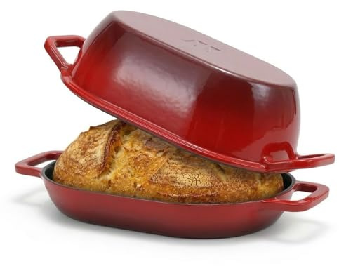 Northriver Casting 5 Qt Enameled Cast Iron Oval Dutch Oven for Bread Baking – 12x8 Red Enamel Bread Pot with Deep Lid & Shallow Base, Ideal for Sourdough, Artisan Loaves & Family Meals, Oven Safe