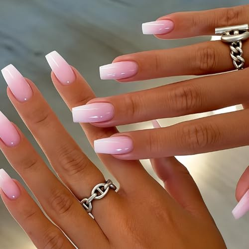24 PCS Ombre French Tip Press On Nails, Long Square, Pink and White | Clear glossy finish, pink-to-white gradient, long square false nails for daily wear, office, parties and events