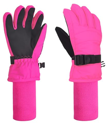 XTACER Boy's Girl's Kid's Ski Snow Gloves Snowboard Winter Warm Cold Weather Gloves for Boys Girls Children (Hot Pink-Long Cuff, 8-10 Years)