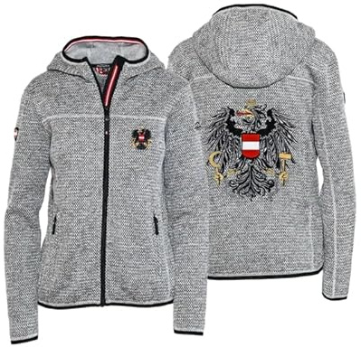 Hoamatkult Kultjacke Damen – Österreich Strickfleece mit Kapuze, taillierter Schnitt, mit Adler-Stickerei – perfekt zur Lederhose & Jeans
