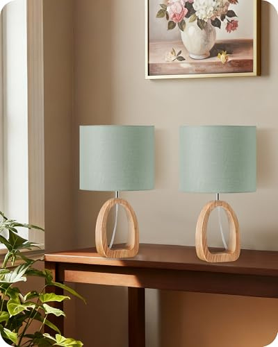 GOEBLESON Nachttischlampe aus Holz 2er Set, Grüne Tischlampe | Nachttischlampe mit Kabel, Fensterbank Lampe, 2700K LED-Birne, für Wohnzimmer, Schlafzimmer, Arbeitszimmer, ZMJ07TLDP205N1