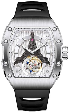 JDLERMY Orologio da polso da uomo con movimento tourbillon e quadrante scheletrato, movimento meccanico a carica manuale, orologio da polso in acciaio inox vintage, impermeabile, cinturino in gomma