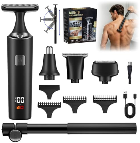 Mens Back Shaver Body Trimmer, 5 in 1 Kit Electric Hair Groomer | Extendable Auxiliary Arm Waterproof Facial, Chin Arm Back Pubic Hair Trimmer Grooming Set
