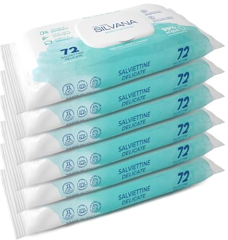 Silvana Salviettine Delicate Formato Quotidiano 72 pezzi x6-99% Acqua per Neonato – Pelli Sensibili – Senza Alcol