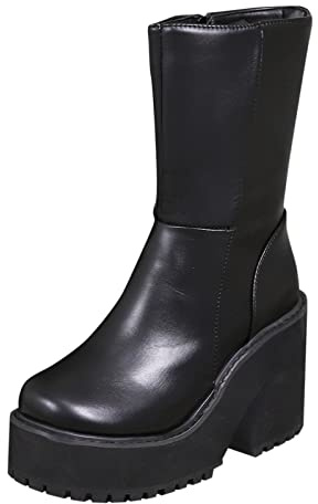 Generiska damplatåstövlar fyrkantig tå Chunky Heel platåstövletter bekväma Gothstövlar korta stövlar fritidsskor svart platå