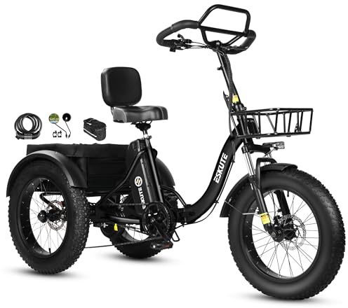 ESKUTE Elektro Dreirad für Erwachsene T302 Pro, 48V 20,8Ah Akku, faltbares E-Bike Dreirad mit Tiefeinstieg, 20×4 Zoll Fat Tires E Trike, inkl. Rückspiegel, Handyhalterung und Zahlenschloss, Schwarz