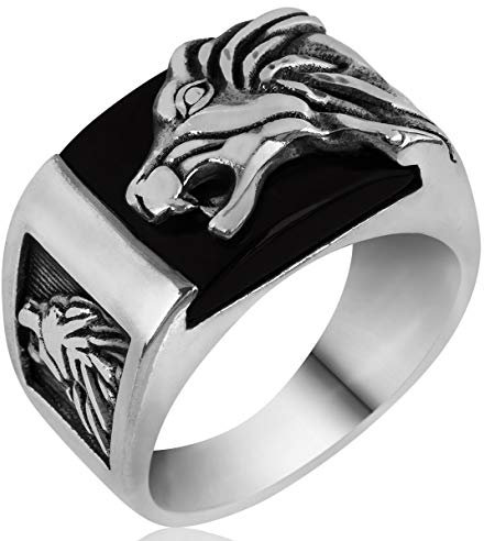 mysilverworld Herren-Ring aus massivem 925er-Sterlingsilber, handgefertigt, schwarzer Onyx-Stein, Löwe (10,5), Silber, Onyx