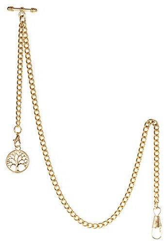 TREEWETO Taschenuhrkette mit T Bar Endstück Albert T-Bar Taschenuhr Kette mit Antiker Lebensbaum Anhänger und 2 Haken für Weste Knopfloch Gold