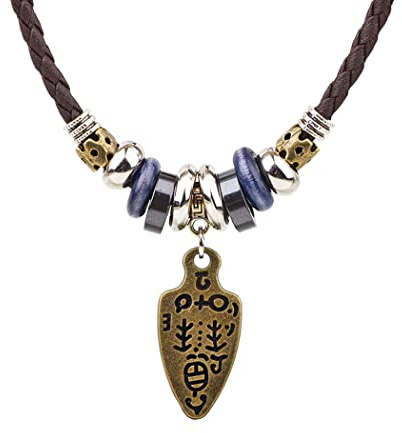 Borsgye Herren Lederkette Nordische Wikinger Leder Halskette Vintage Hanf Leder Choker Retro Tribal Kette Anhänger Metall Halskette Schmuck mit Perlen Antikes Blatt Anhänger
