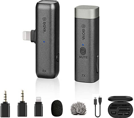 BOYA BY-WM3D 2.4G Professional Wireless Lavalier Microphone with Lightning TRS TRRS Adapter Charging Case,Compatible with iPhone, iPad, iPod, DSLRs, PC,camcorders, recorders etc.