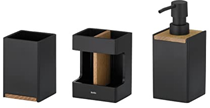 kela Badezimmer Set 3-teilig Cube Black, Holzoptik, Becher, Zahnbürstenhalter, Seifenspender 300 ml, Badaccessoires schwarz