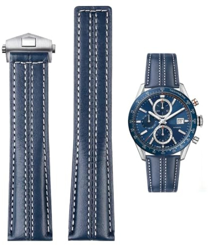 FOUUA Uhrenarmband 22mm for Tag Heuer Leder Echtleder-Uhrenarmband im Krokodil-Stil mit blauen Nähten Armband for Tag Heuer Carrera Aquarace Monaco Serie