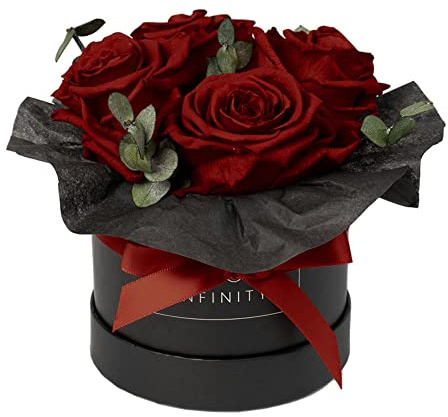 Infinity Flowerbox - Eucalyptus Bouquet Burgundy - Konservierte Rose in Geschenkbox, blüht 3 Jahre ohne Wasser