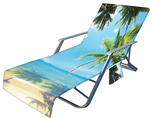 Highdi Sun Lounger Towels with Pockets, Beach Sunbed Towels, Beach Chair Cover Towel, Chaise Lounge Towel Cover, Lounger Mate Beach Towel for Garden Pool (palm tree 3,75x210cm)