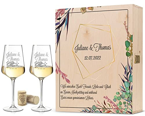 GRAVURZEILE Leonardo Weingläser mit Gravur - Flower Polygon Design - Personalisiert mit Namen & Datum - Geschenk zur Hochzeit Verlobung - inkl. bedruckter Holzkiste - Farbe Große Kiste UV