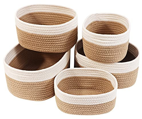 Lannvan Aufbewahrungskorb 5er Set aus Baumwolle,Körbe Korb Geflochten Körbe Aufbewahrung Storage Basket Aufbewahrungskörbe Geflochtener Korb für Bad Badezimmer Kinderzimmer Wickeltisch,Weiß und Jute