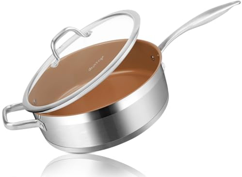 Duxtop Ceramic Non-stick Sauté Pan, Induction Stainless Steel Sauté Pan, 5.5-Qt Deep Skillet with Lid, Professional Grade and Impact-bonded Technology, FUSION Ti, Copper