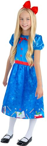 Smiffys Kids Book Worm Costume, Girls Fancy Dress with Blue Dress and Red Bow Headband, Storybook Character Outfit for World Book Day and Parties, Age 4-6