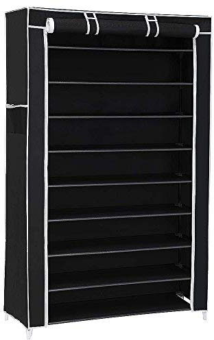 RELOVE Kleiderschrank aus Stoff, faltbar, schwarz, für Kleidung, Organizer, aus Stoff, tragbar, mit Reißverschluss und 9 Ablagen pro Schuhe, Schrank für den Außenbereich, schwarz, 88 x 28 x 160 cm