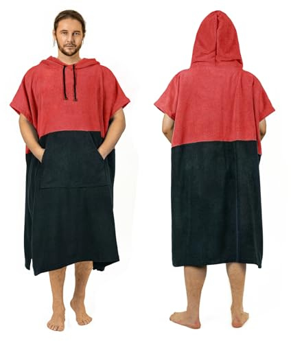 Zingtto Surf poncho omlottrock, extra stor, tjock, handduksponcho för kvinnor och män, med ficka med huva för strand, simning, 119,4 x 94 cm, svart korallröd