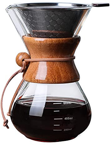 Oriental riverkit Pour Over Kaffeemaschine mit doppelschichtigem Edelstahlfilter, 600 ml Kaffeetropfbrüher, Hochhitzebeständige Glas Kaffeekanne für Zuhause, Büro, Camping, 20 oz/600 ml (4 Tassen)