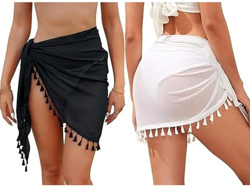GWAWG 2PCSSarongs for Women Beachwear Chiffon Beach Wrap Sarong Wrap Sarong Skirt Beach Cover Skirt with Fringes